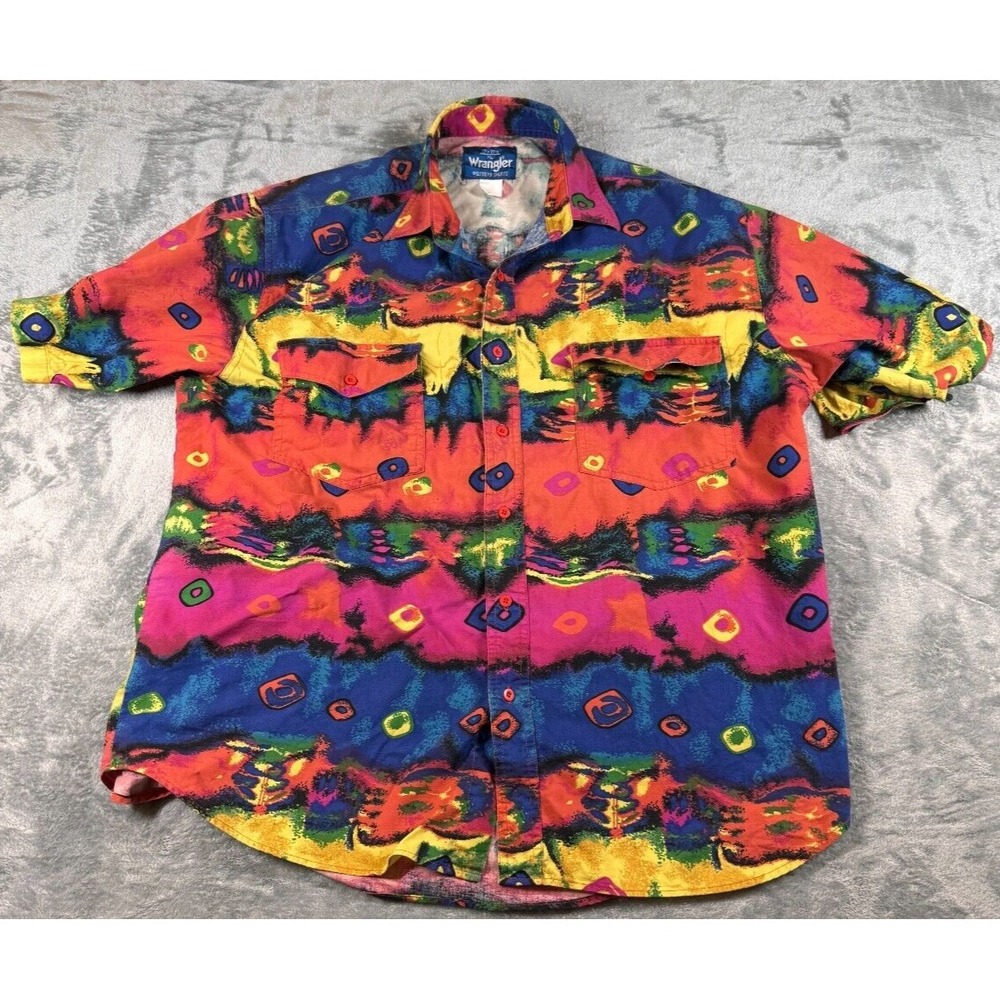 Vintage Wrangler Western Button Up Short Sleeve Shirt Multicolored Mens Size XL